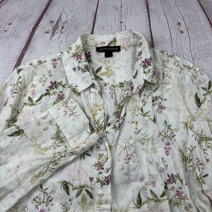 Saks Fifth Avenue Shirt Womens Medium White Floral Linen Button Front Blouse